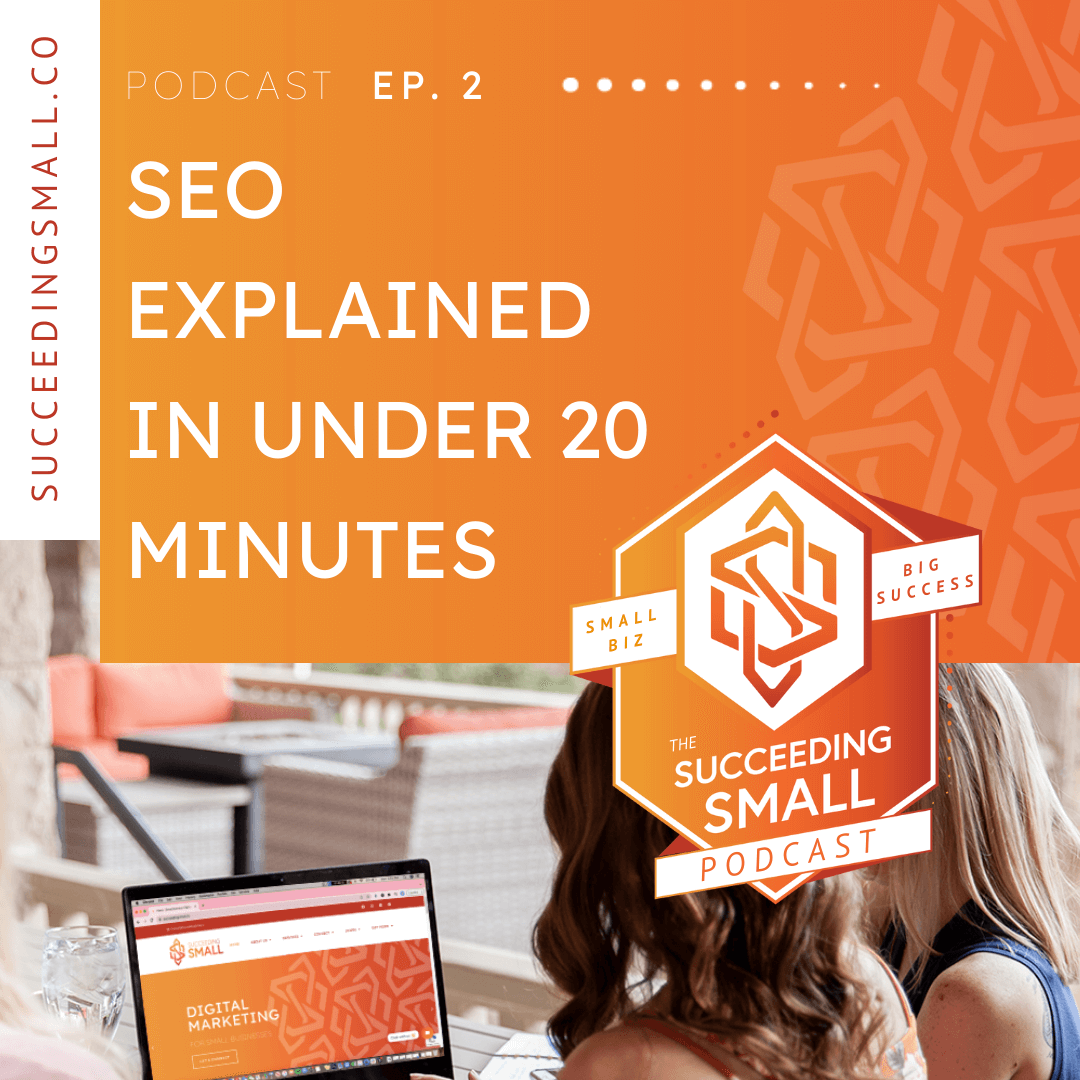 This graphic has an orange background on the top portion with a white font that reads, "SEO explained in under 20 minutes. The bottom portion of this graphic is an image of someone typing on a computer.