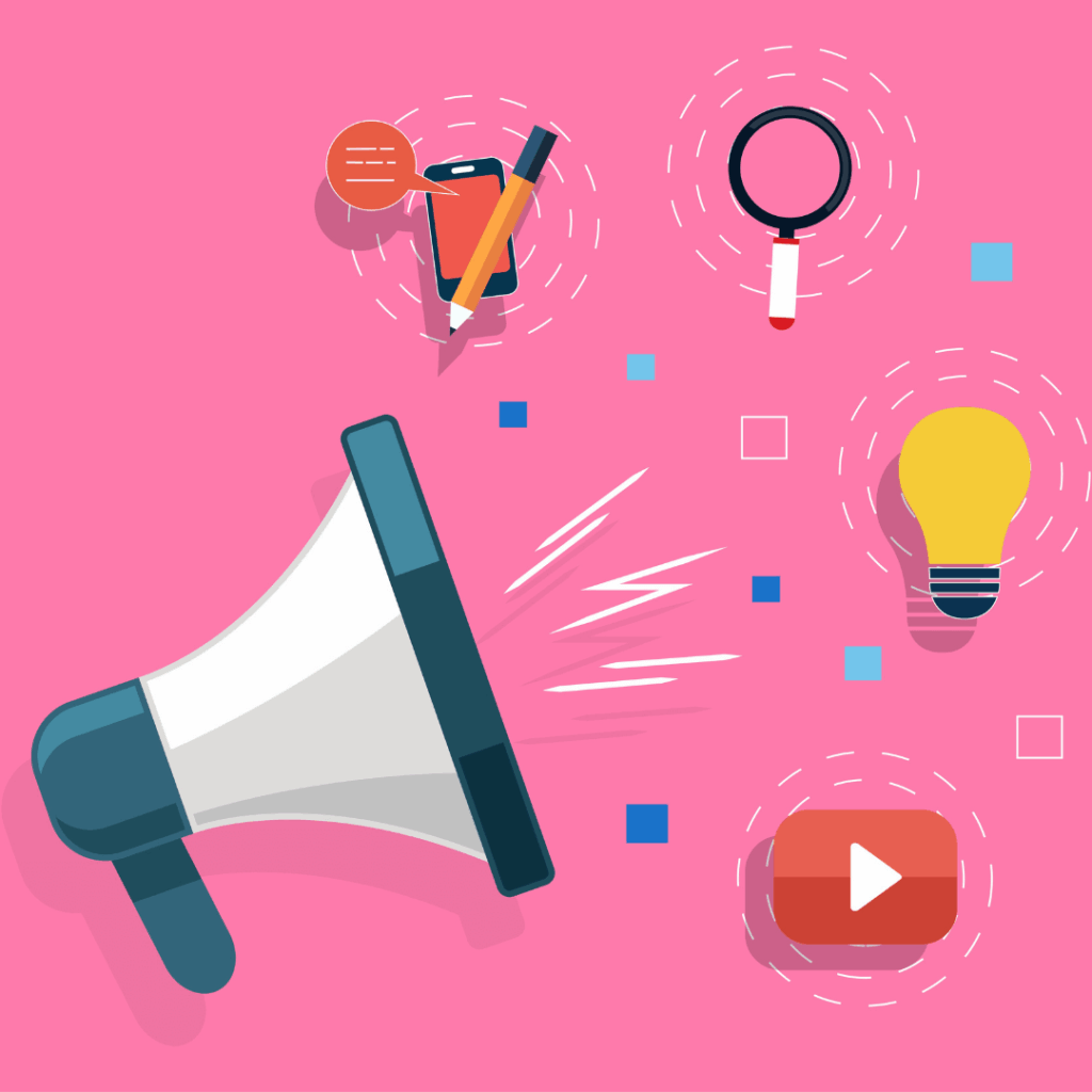 A graphic with a pink background and many animated icons, including a megaphone, the YouTube logo, a lightbulb, a magnifying glass, a phone, and a pencil.